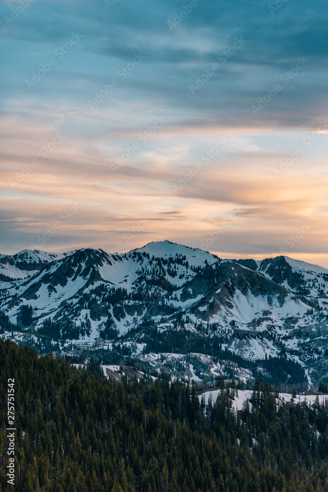View of snowy mountains in the Wasatch Range of the Rocky Mountains at sunset, from Guardman's Pass, near Park City, Utah