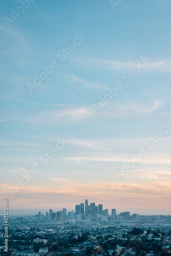 Canvas Print View of the downtown Los Angeles skyline at sunset from Ascot Hills Park