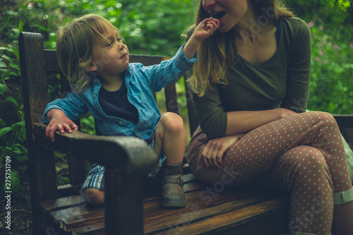 Little toddler sharing chocolate bar with his mother on bench in the woods