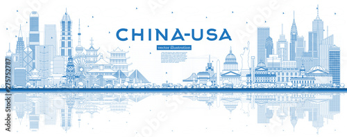 Outline China and USA Skyline with Blue Buildings and Reflections.