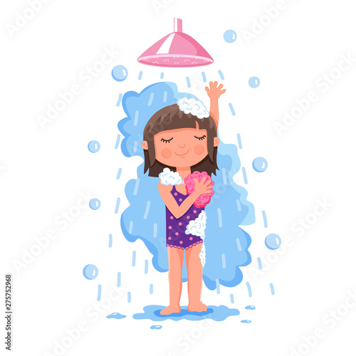 A young teen girl takes a shower while standing under a stream of water, washes a bath sponge, soaps fly soap bubbles. Vector illustration colored flat isolated on white background