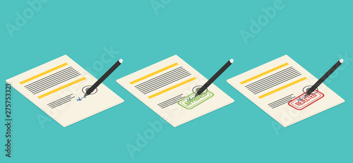 Blank, rejected and approved stamp in contract. Flat vector.