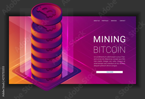 Mining bitcoin and ethereum crypto currency, mining server farm room, video card, data processing ultraviolet isometric vector illustration