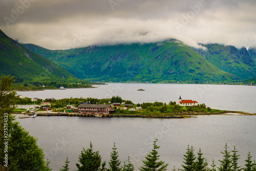 Fjord landscape with church. Lofoten Norway photo