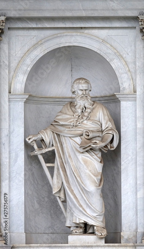 Saint Paul statue in front of the basilica of Saint Paul Outside the Walls, Rome, Italy