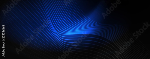 Smoky glowing waves in the dark. Dark abstract background with neon color light and wavy lines. Vector