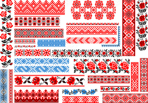 Set of 30 editable colorful seamless ethnic patterns for embroidery stitch. Floral and geometric ornaments.