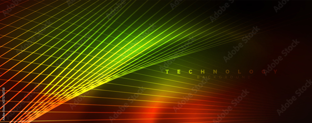 Shiny color neon light with lines, abstract wallpaper, shiny motion, magic space light. Techno abstract background