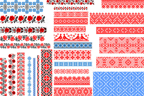 Set of 30 editable colorful seamless ethnic patterns for embroidery stitch. Floral and geometric ornaments.