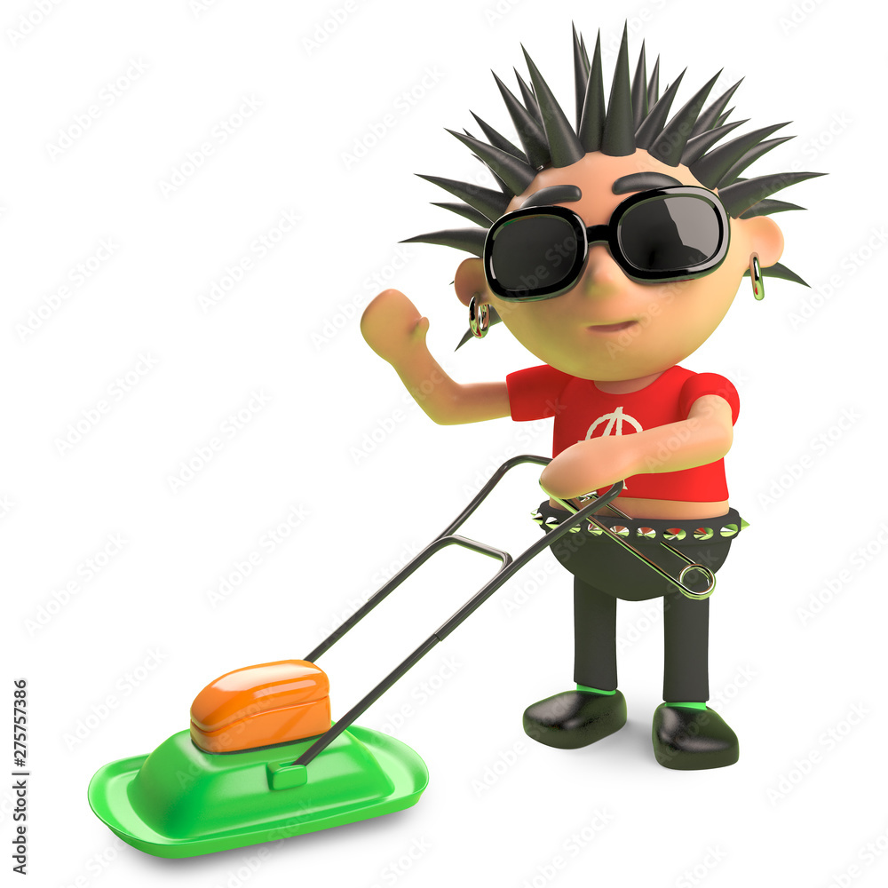 Cartoon spiky punk rocker moving the lawn with a lawnmower, 3d illustration Cartoon spiky punk rocker moving the lawn with a lawnmower, 3d illustration