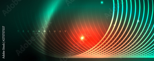 Shiny neon lines template - northern lights glowing blur lines. Futuristic style glow neon 80s disco club or night party techno template