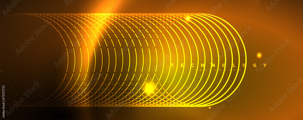 Bright neon circles and wave lines, glowing shiny background design template, digital techno concept. Bright neon circles and wave lines, glowing shiny background design template, digital techno concept.