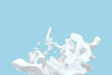 Purity splashing milk with blue background, 3d rendering.