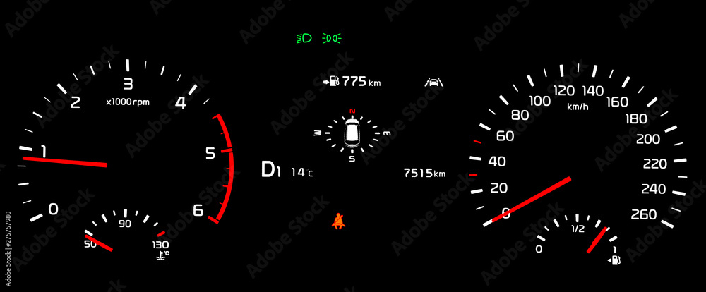 Car instrument panel with speedometer, tachometer, odometer, fuel gauge, oil temperature gauge, seatbelt reminder, dipped beam headlights, lane assist . Photo isolated over background.