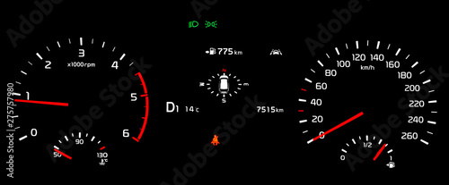 Car instrument panel with speedometer, tachometer, odometer, fuel gauge, oil temperature gauge, seatbelt reminder, dipped beam headlights, lane assist . Photo isolated over background.