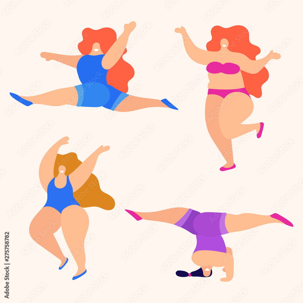 Set of girls in different poses. Body positive concept. Hand drawn vector illustration. Best for greeting card, t shirt, print, stickers, posters design.