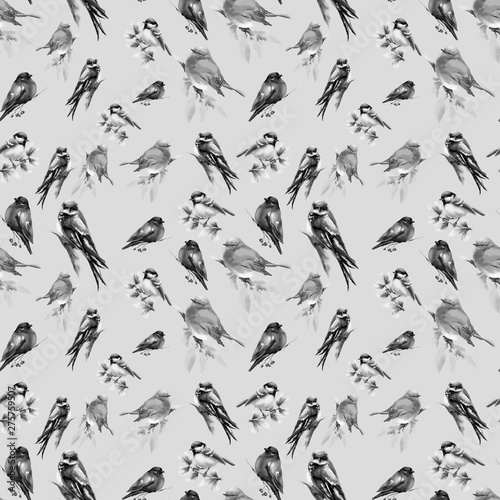 Beautiful pattern with different birds. Bright drawn birds. Suitable for printing on fabric and paper.