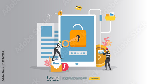 internet security concept with people character. password phishing attack. stealing personal information data web landing page, banner, presentation, social, print media template. Vector illustration