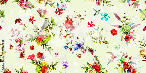 Wallpaper Mural Wide seamless floral background pattern. Birds with roses, pomegranate buds, wild flowers with leaves. Watercolor, hand drawn. Vector - stock. Torontodigital.ca