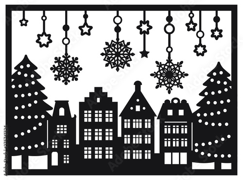 Laser cut Amsterdam style houses. Christmas card with stylized facade of old buildings, hanging snowflakes. Silhouette of typical dutch view in frame. Wood carving vector template. Xmas paper cut out.