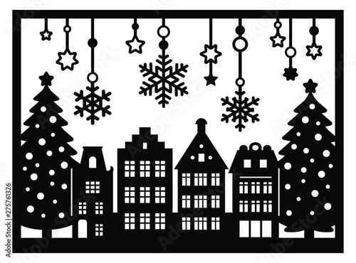 Laser cut Amsterdam style houses. Christmas card with stylized facade of old buildings, hanging snowflakes. Silhouette of typical dutch view in frame. Wood carving vector template. Xmas paper cut out.