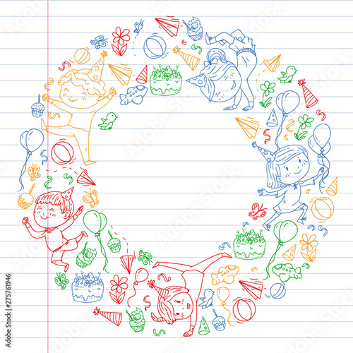 Vector illustration in cartoon style, active company of playful preschool kids jumping, at a party, birthday. colorful draving squared notebook. Drawing on exercise book.