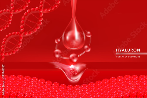Hyaluronic acid skin solutions ad, red collagen serum drop with cosmetic advertising background ready to use, illustration vector.