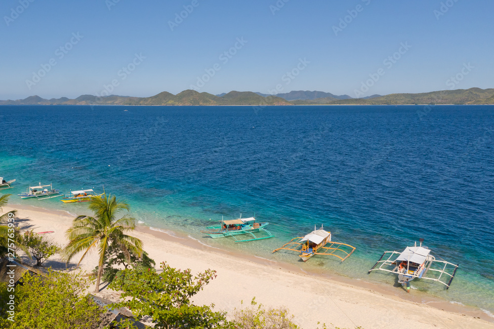 Fototapeta premium aerial view island with tropical sandy beach and palm trees. Malajon Island, Philippines, Palawan. tourist boats on coast tropical island. Summer and travel vacation concept. beach and blue clear sea