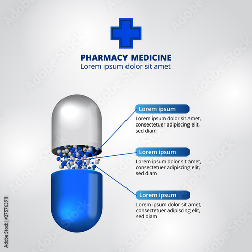 illustration of 3D capsule pill medicine pharmacy infographic data visualization healthcare nutrition ingredients
