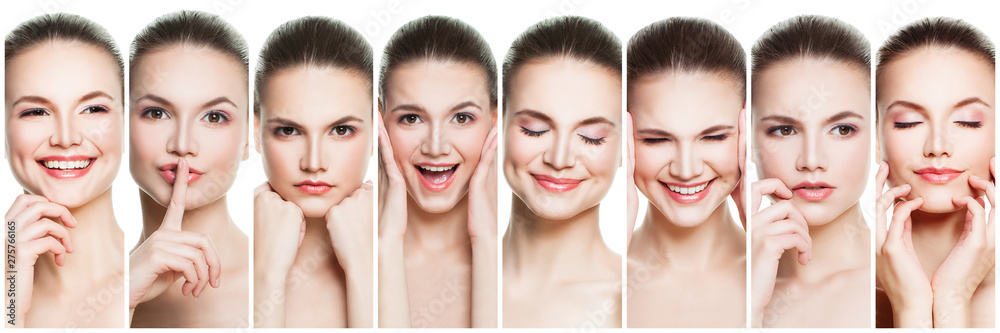 Collage of negative and positive female face expressions. Set of young woman expressing different emotions and gesturing isolated on white backgroung Collage of negative and positive female face expressions. Set of young woman expressing different emotions and gesturing isolated on white backgroung
