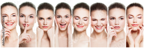 Collage of negative and positive female face expressions. Set of young woman expressing different emotions and gesturing isolated on white backgroung