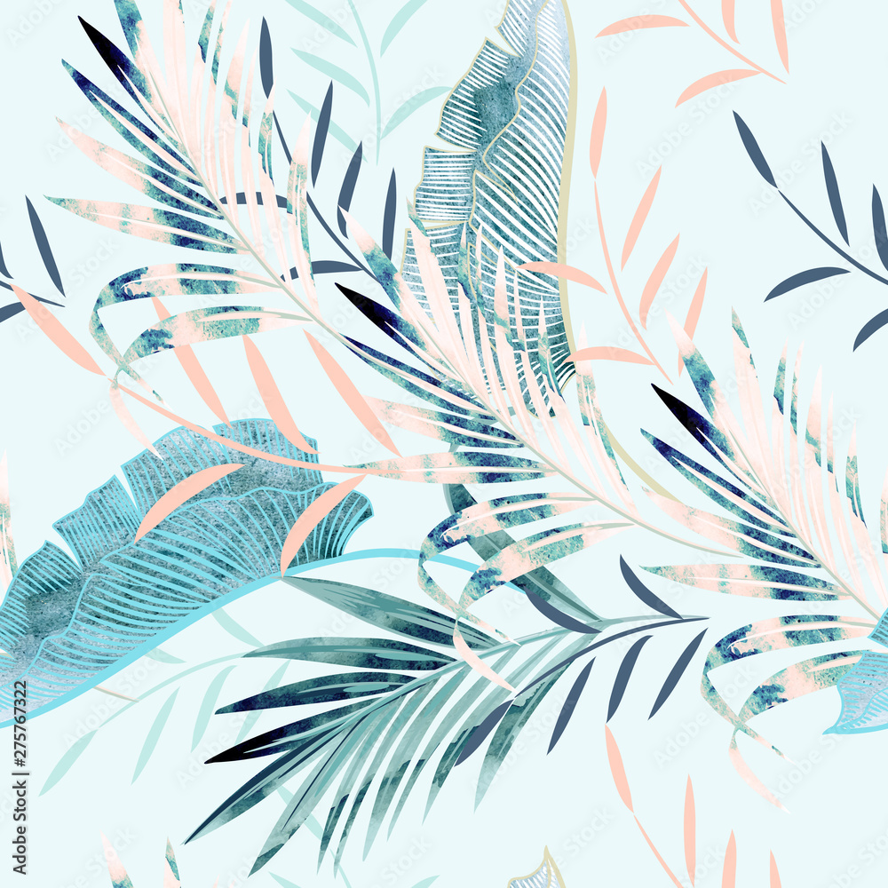 Fototapeta Fashion vector illustration with tropical watercolor palm leaves