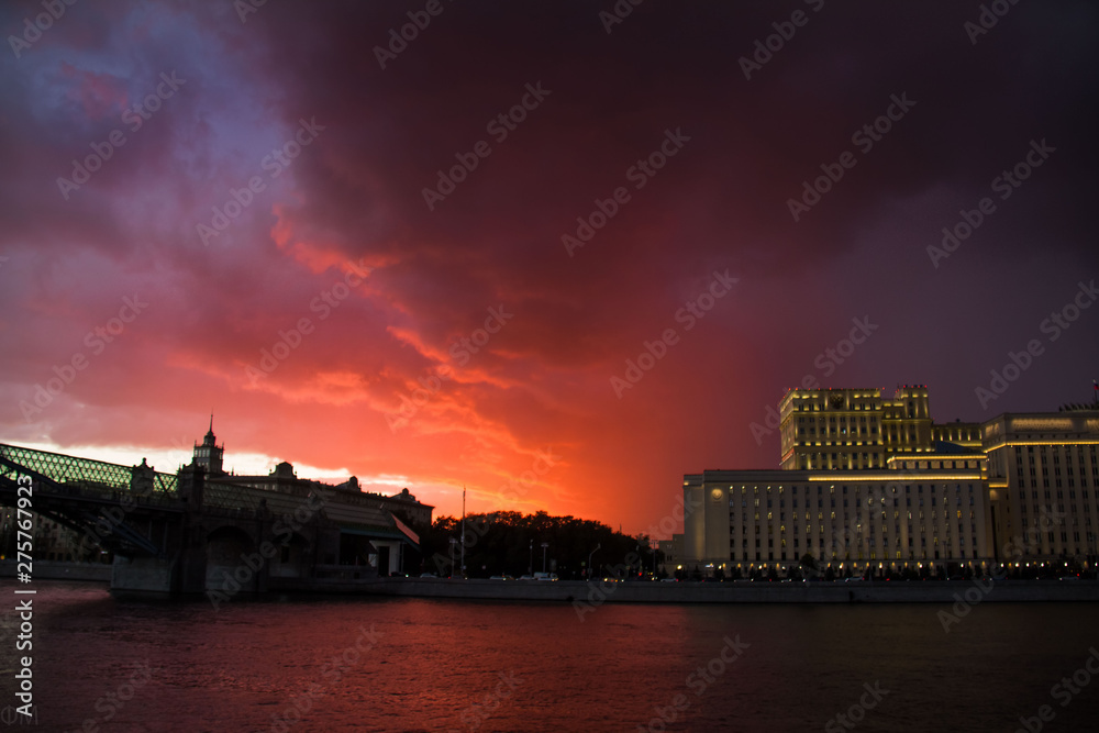 River bank against a scarlet sunset, Moscow