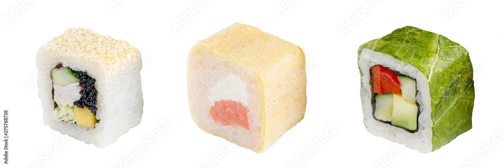 Classic sushi roll. Sushi on a white background. Japanese sushi seafood roll white background.