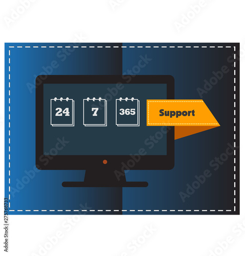 Online Support. 24/7/365 e-commerce service. Concept. Customer Service. Support System. Call center. 24 hours / 7 days in 365 days. Vector illustration.