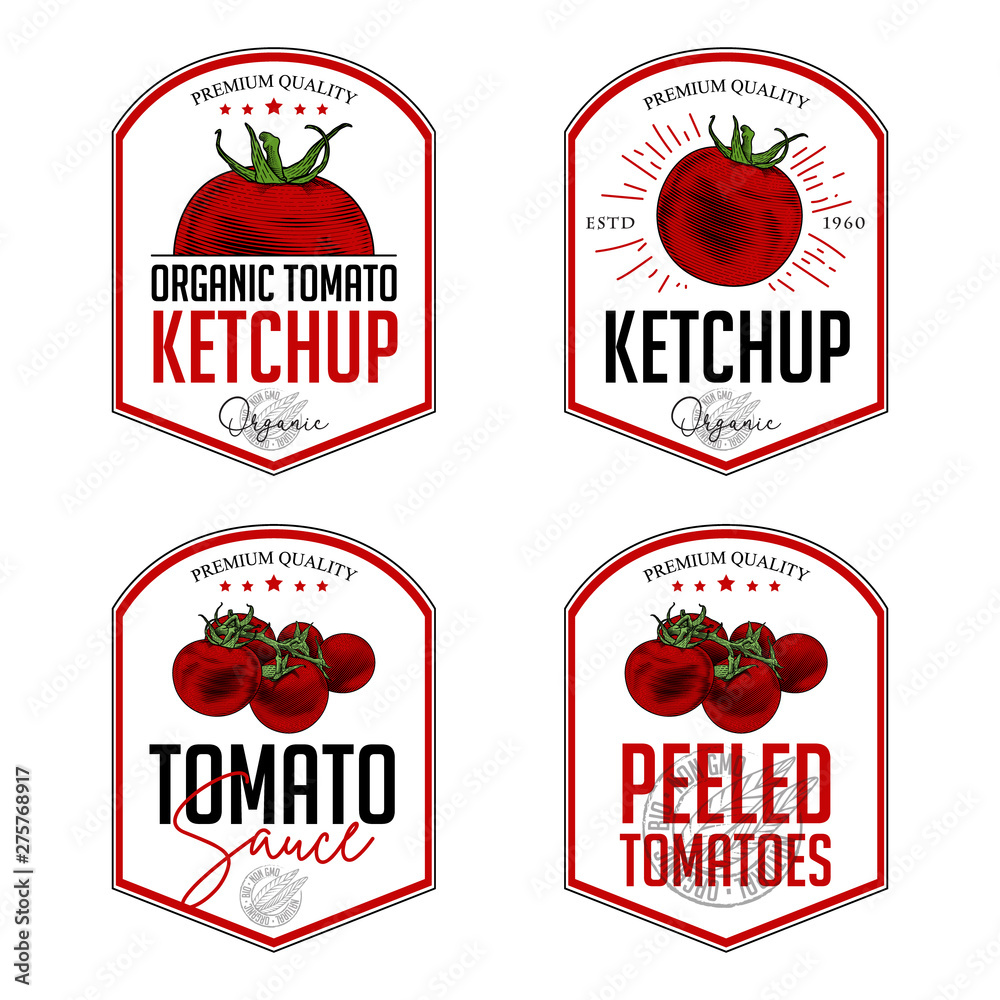 Tomato ketchup, sauce badge label design set. Vector hand drawn