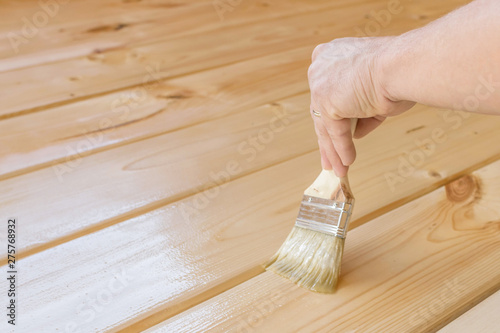 Applying varnish paint on a wooden surface. Man hand with a brush closeup. Painting wood wall and  floor.
