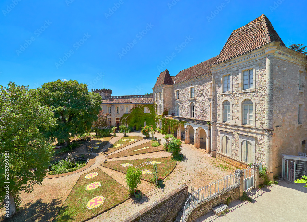 View of the castle courtyard of the medieval french village of Rocamadour, Lot Department, Quercy, Occitanie Region, France. UNESCO world heritage site.