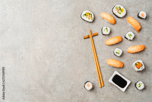 Overhead shot of Japanese sushi with copyspace