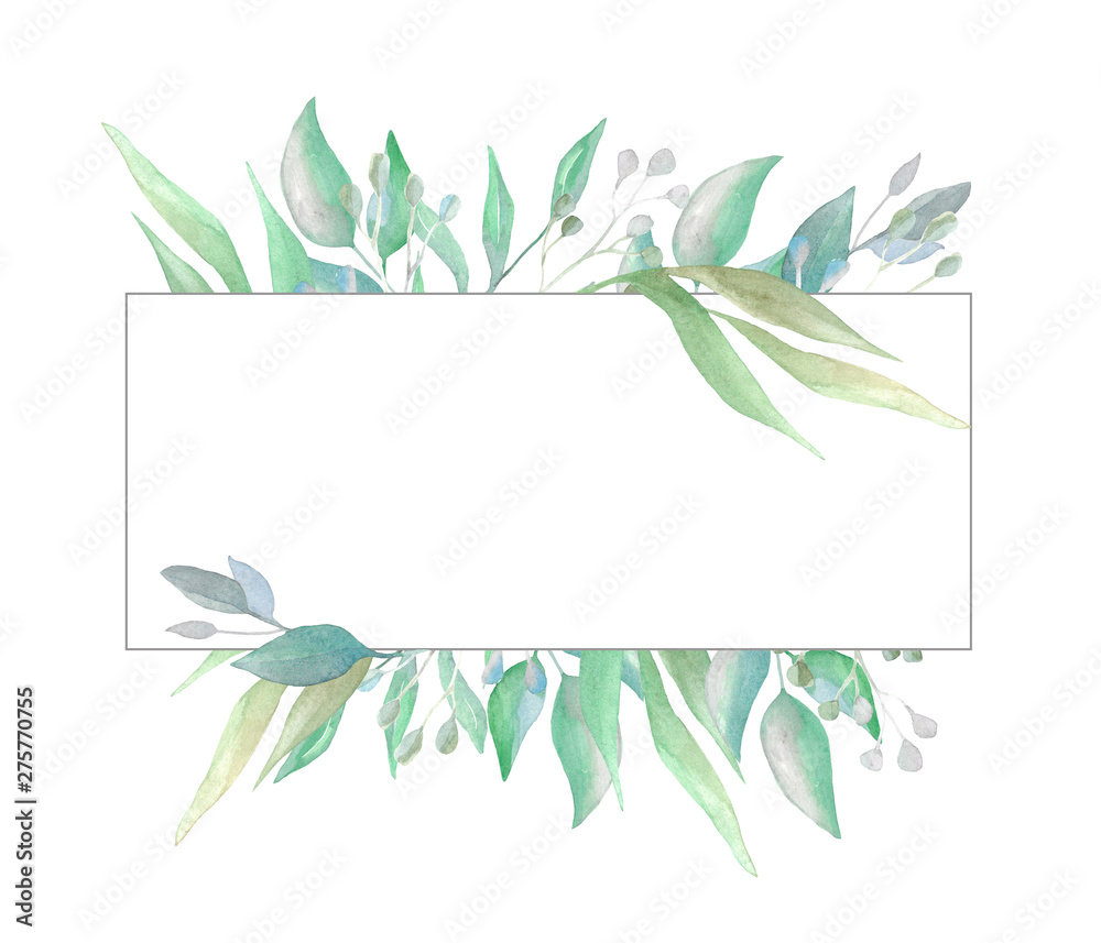 Watercolor hand painted frame with green leaves, wild herbs and branches. Suitable for invitation, wedding or greeting cards