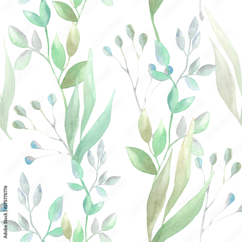 Seamless pattern with green leaves, wild herbs and branches