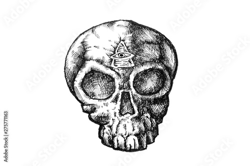 Hand drawn picture of stylized skull with eyes of Illuminati in forehead. Black and white sketch in style of engraving