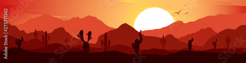Exotic  landscape. African desert. Sands and mountains. Tourism and travelling. Vector flat design