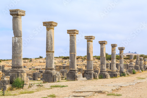 Row of pillars at the ruins of Volubilis, ancient Roman city in Morocco.