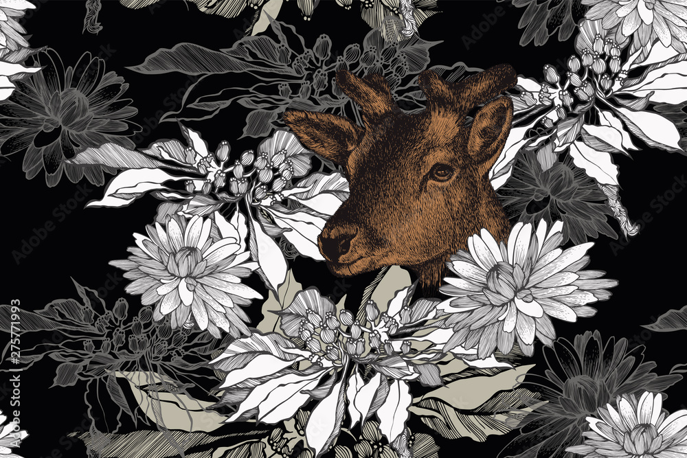 custom made wallpaper toronto digitalDeer and floral seamless background with chrysanthemums. Hand-drawn, vector illustration