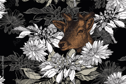 Wallpaper Mural Deer and floral seamless background with chrysanthemums. Hand-drawn, vector illustration Torontodigital.ca