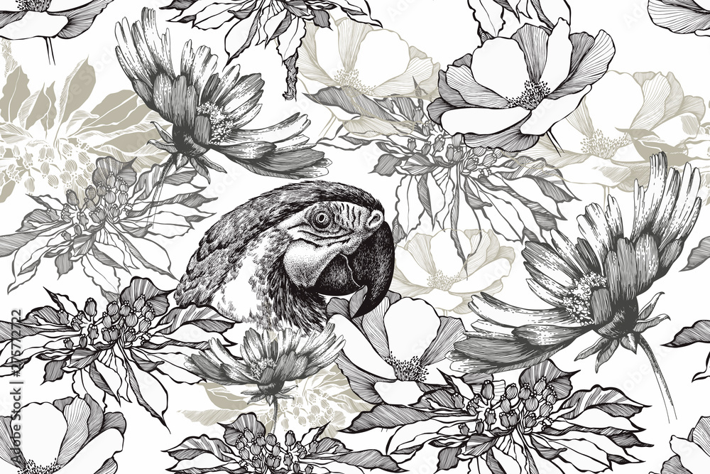 custom made wallpaper toronto digitalFloral seamless vintage background with parrot and flowers. Black white, hand drawn, vector illustration