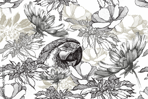 Wallpaper Mural Floral seamless vintage background with parrot and flowers. Black white, hand drawn, vector illustration Torontodigital.ca