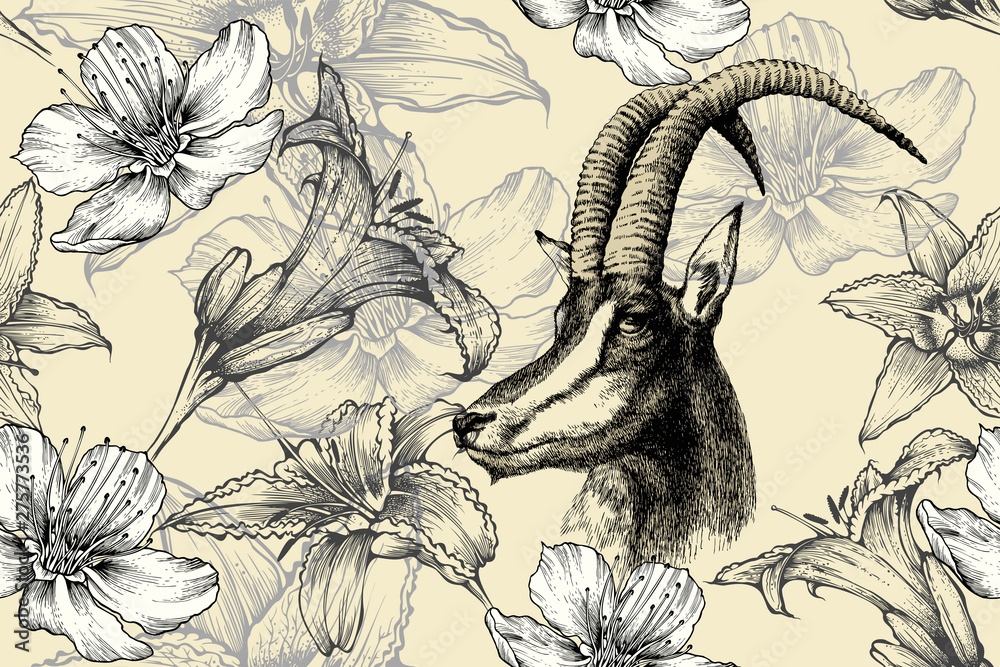 custom made wallpaper toronto digitalHippotragus niger and floral seamless background with lilies. Hand-drawn, vector illustration