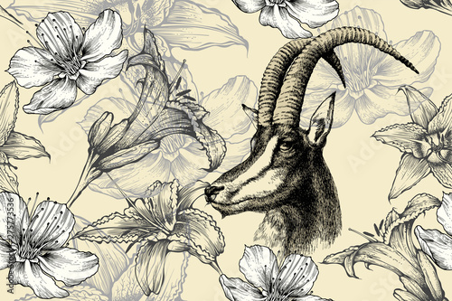 Wallpaper Mural Hippotragus niger and floral seamless background with lilies. Hand-drawn, vector illustration Torontodigital.ca